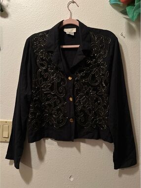 Cache Black Rayon Beaded Embroidered Jacket Size Small